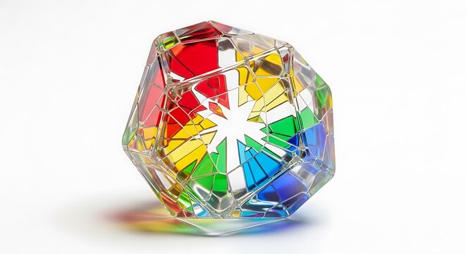 A faceted glass dodecahedron with a kaleidoscope of colors reflecting light, isolated on white background