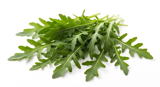 Fresh green arugula leaves isolated on white background, bunch of organic rocket salad greens, raw rucola herb for healthy cooking and culinary use