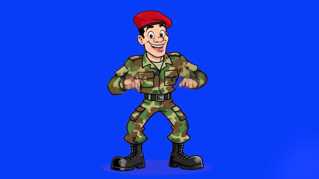 A friendly 2D cartoon soldier in a green camouflage uniform and red beret stands in a confident pose. Set against a blue background, this asset is ideal for army-themed content, recruitment videos, or