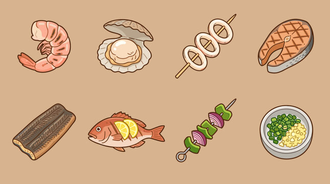 Grilled Seafood and Fish Set with Shrimp Scallop Squid Skewer Salmon Steak Eel Snapper and Vegetable Skewer for Restaurant Menu Vector Illustrations