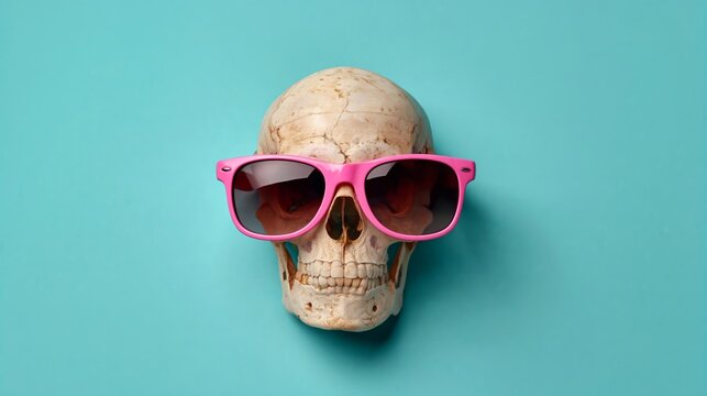 Human skull wearing pink sunglasses against a solid turquoise background, showcasing a playful and vibrant aesthetic with a focus on unique decorative elements