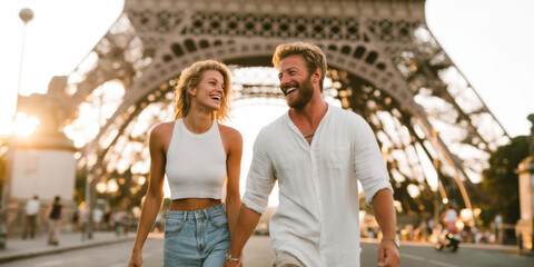 Fototapeta premium Romantic Couple Enjoying Golden Hour Paris Vacation
