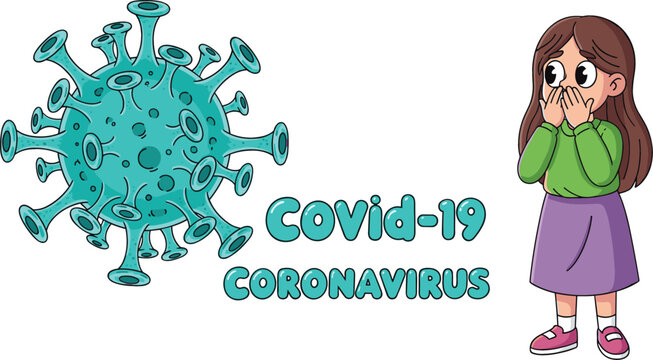 Cartoon Covid-19 coronavirus with scared girl character illustration, pandemic awareness concept showing virus structure and child fear reaction educational vector design