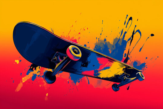 Poster style of skateboard with vibrant color.