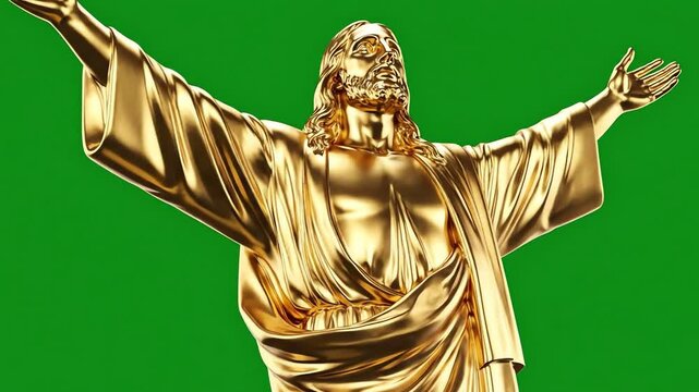 Golden Jesus Statue with Open Arms on Green Screen Background.