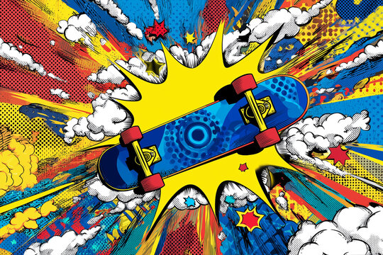 Poster style of skateboard with vibrant color.