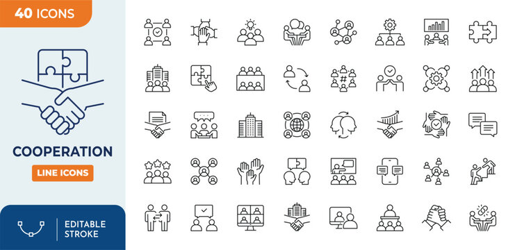 Cooperation icon set. Contain icons related to teamwork, partnership, support, society, group, corporation, communication, friendship and more. Editable stroke. Vector illustration.