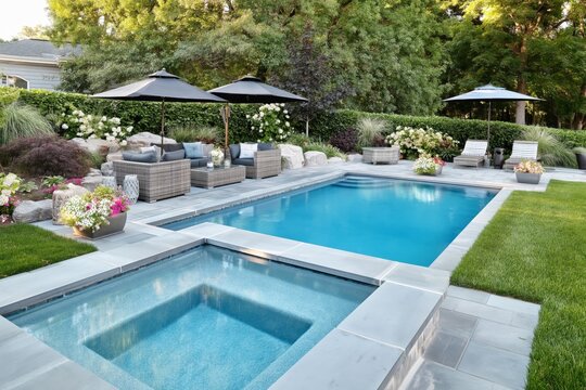 Swimming Pool Area With Lounge Chairs and Greenery in a Backyard During the Day