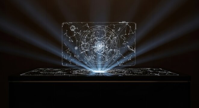 A holographic star chart projected above a polished surface, showcasing celestial patterns with radiant light