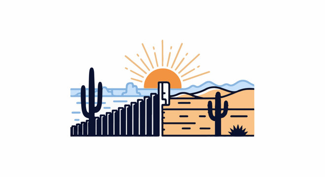 Stylized desert landscape with saguaros, sun, and abstract mountain range