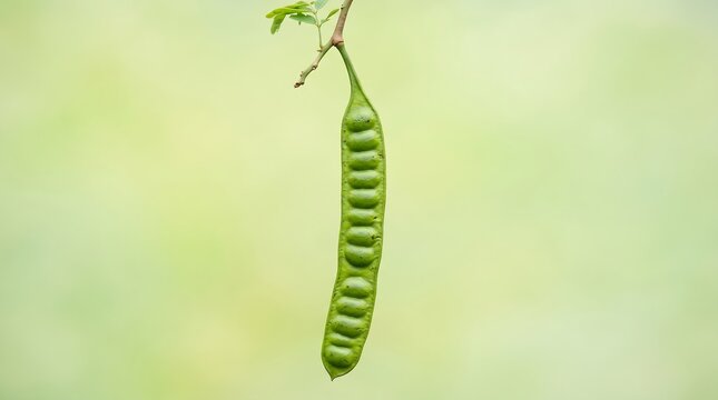 Single Bright Green Petai Pod Vertical Arrangement on Lime Pastel Background &mdash; Premium Macro Tropical Bean Photography