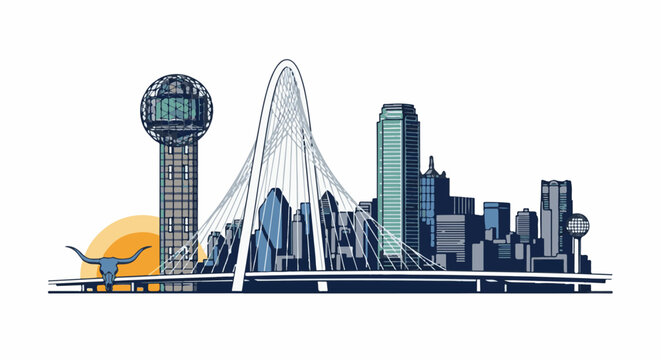 Stylized city skyline featuring a tall observation tower, a distinctive cable-stayed bridge, and a bull skull