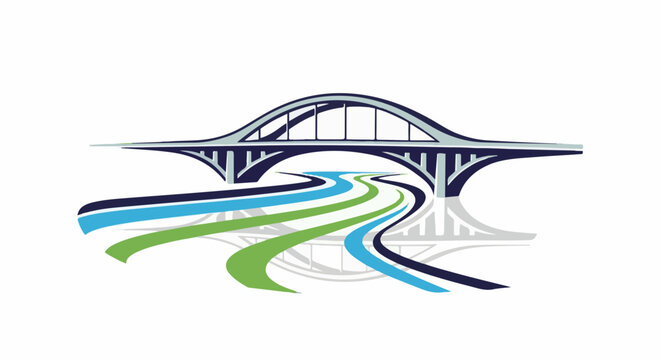 Stylized bridge arches over a winding river with colorful flowing lanes and a reflected silhouette