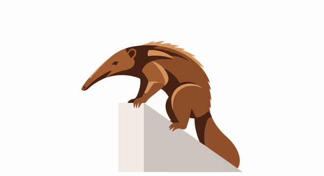 Stylized brown anteater with long snout perches on a geometric surface