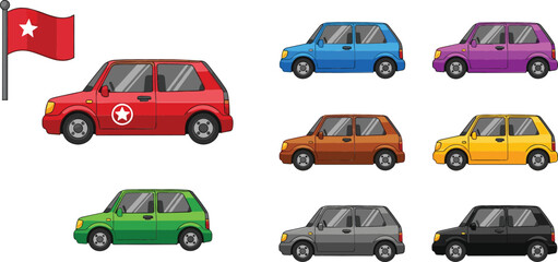 Naklejka premium Colorful cartoon car collection with different vehicle colors and flag icon, compact city transport illustration set isolated for design and transportation concepts