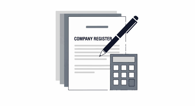 Stylized illustration of a company register document with a pen and calculator