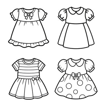 Set of four cute baby frocks in different styles and patterns, hand-drawn illustration