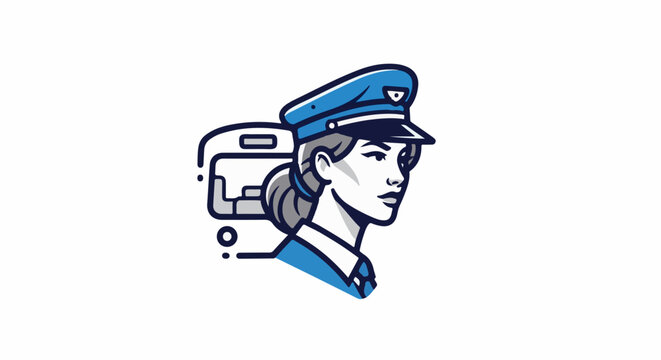 Stylized illustration of a woman in a train conductor's hat next to a train car