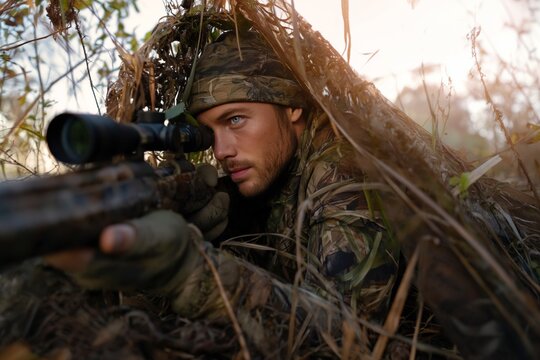 Sniper in Camouflage Looks Through Scope While Hidden in the Brush During Early Morning Light
