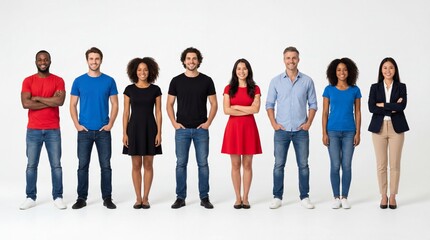 Fototapeta premium Diverse group of people standing in a row on white background, multiethnic men and women, community and equality
