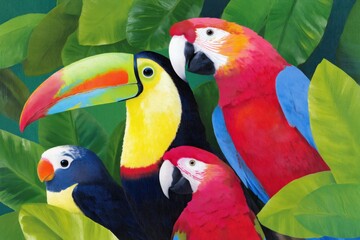 Fototapeta premium Colorful Birds Gather in a Lush Green Tropical Setting During Daylight Hours