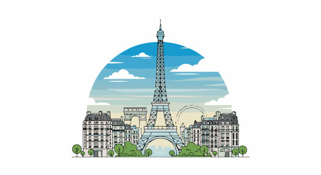 Stylized illustration of Paris cityscape with Eiffel Tower, Arc de Triomphe, and buildings