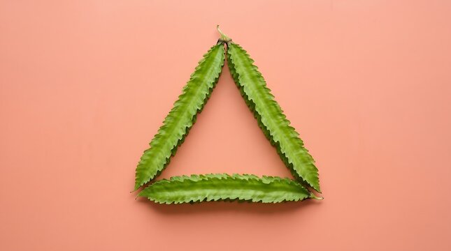 Fresh Green Winged Beans with Frilly Edges Arranged in Triangle on Coral Background &mdash; Minimalist Flat Lay