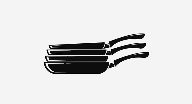 Stack of black frying pans with handles