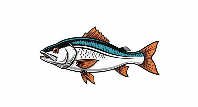 Stylized illustration of a dynamic, silvery fish with orange fins and a blue stripe