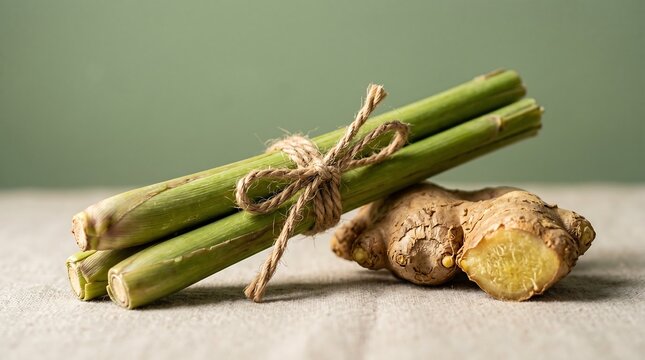 Fresh Lemongrass Stalks Tied with Twine and Ginger Root on Sage Green Background &mdash; Premium Organic Herbal Photography