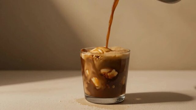 A glass of coffee is being poured over two scoops of vanilla ice cream, creating a rich affogato dessert on a beige background. video	
