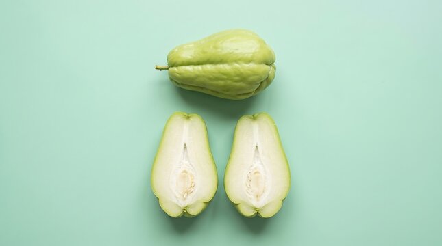 Fresh Pale Green Chayote Whole and Sliced on Mint Pastel Background &mdash; Minimalist Flat Lay Vegetable Photography