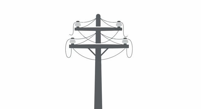 Silhouette of a dark gray utility pole with wires and insulators against a white background