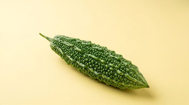 Whole Green Bitter Gourd with Bumpy Skin Texture on Pastel Yellow Background &mdash; Clean Studio Vegetable Photography