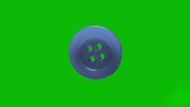 A blue 3D sewing button with a glossy finish is presented on a solid green background for easy compositing. This asset is suitable for craft tutorials, fashion industry videos, or educational content 