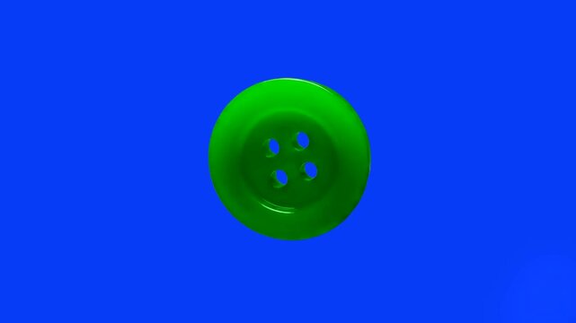 A bright green four-hole plastic button with a glossy finish rotates against a solid blue background. This 3D animation is ideal for textile industry content, sewing tutorials, or colorful fashion des