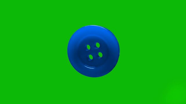 A blue 3D sewing button with a glossy finish is presented on a solid green background for easy compositing. This asset is suitable for craft tutorials, fashion industry videos, or educational content 