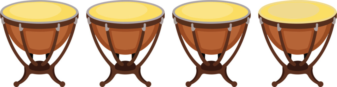 Simple illustration of four timpani drums arranged in a horizontal line with identical design flat minimalist vector style