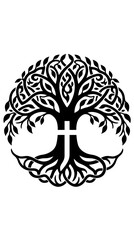 Obraz premium A unique black and white image of a tree, incorporating a cross within its design, symbolizing life and faith. The intricately detailed branches create an eye-catching illustration