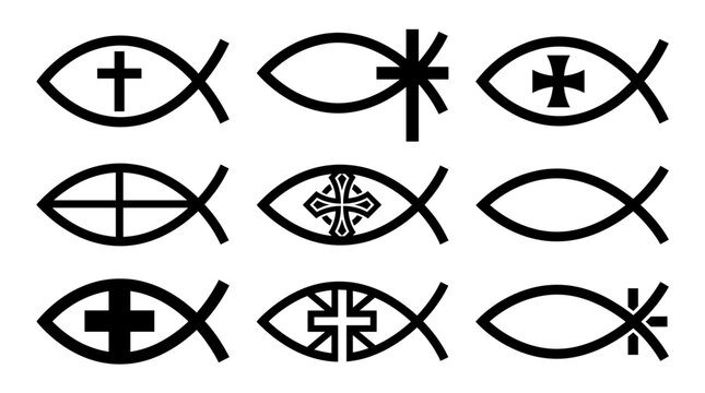 A collection of stylized fish icons, each featuring a cross inside, representing Christian faith and devotion. The image includes a variety of Christian fish symbols and crosses