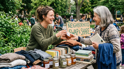 Two smiling women exchanging items at an outdoor neighborhood swap and share event, perfect for promoting community and sustainability themes. © Iryna
