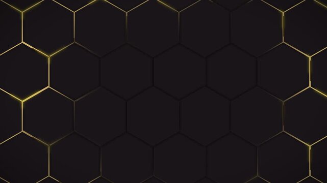 Luxury Premium Dark Geometric Background with Hexagon Pattern and Metallic Gold Edges with Subtle Light Glow Effects. Elegant Minimal Design With Depth And Soft Shadows, Branding, Corporate Business. 