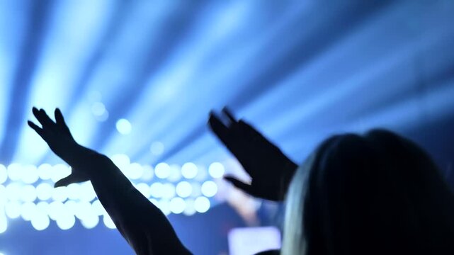 Crowd hands raised enjoying a dance music concert at a lively festival