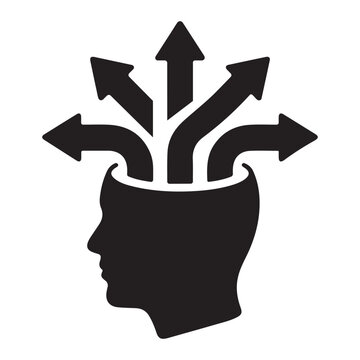 Silhouette of a human head with multiple arrows emerging from the top symbolizing different directions and choices silhouette direction decision