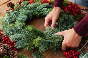 Fototapeta premium Creating a Festive Wreath With Pine Branches, Berries, and Cones During the Holiday Season