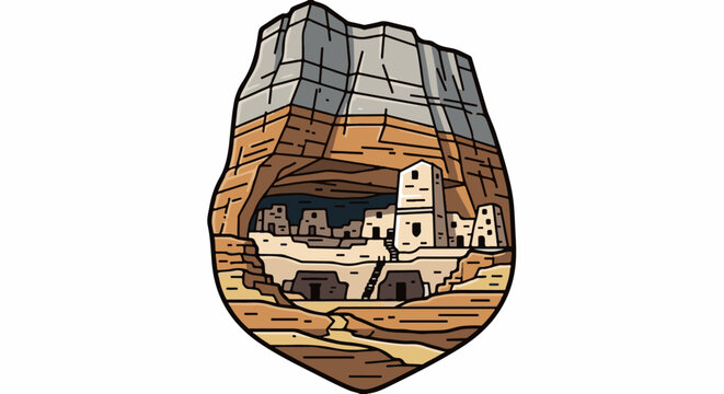 Stylized cave dwellings nestled within a rocky overhang