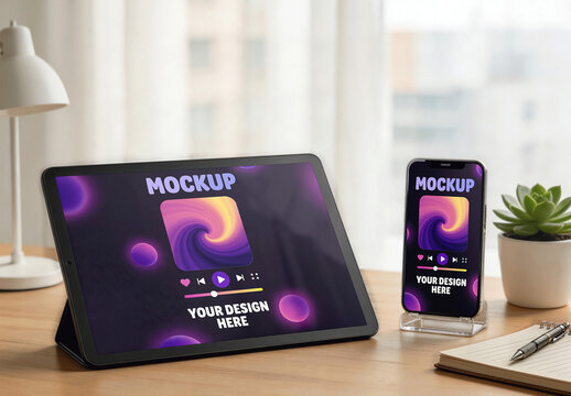 A Tablet And Smartphone Mockup On A Desk