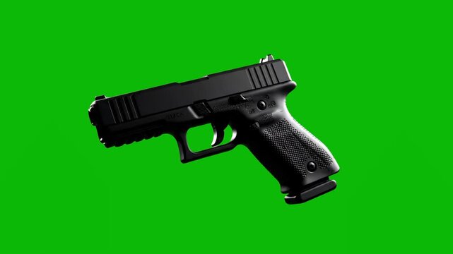 A realistic black polymer pistol is shown in a side profile against a solid green background. This 3D asset is suitable for action film compositing, military simulations, or educational content about 