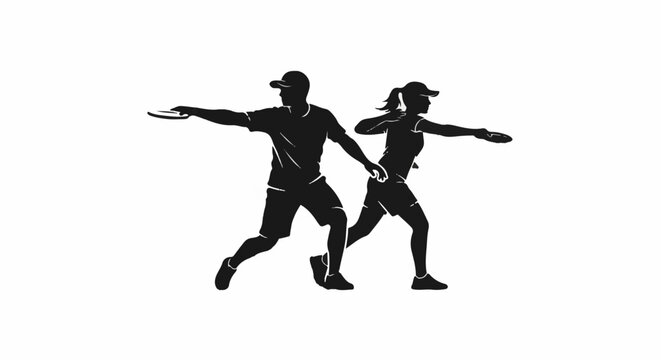 Silhouettes of a man and woman playing disc golf, mid-throw