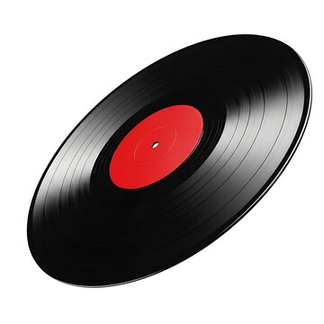 A classic black vinyl record with a red center label tilted at an angle on a white background.
